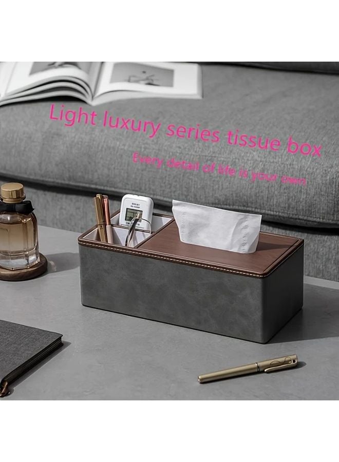 Gray Rectangular Tissue Box With Lid Multifunctional Napkin Holder Remote Control Organizer - Image 2